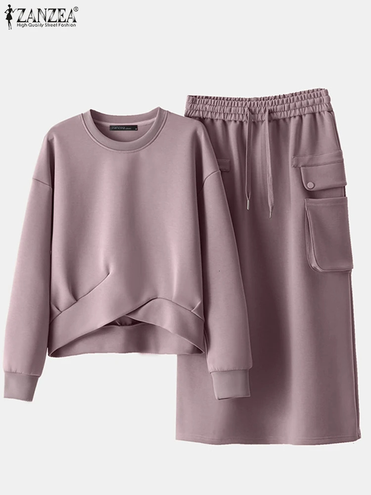 2026 ZANZEA 2PCS Autumn Winter Sweatshirts Dress Sets Women Long Sleeve Hoodies Tops Sundress OL Matching Spring Outfits 260924