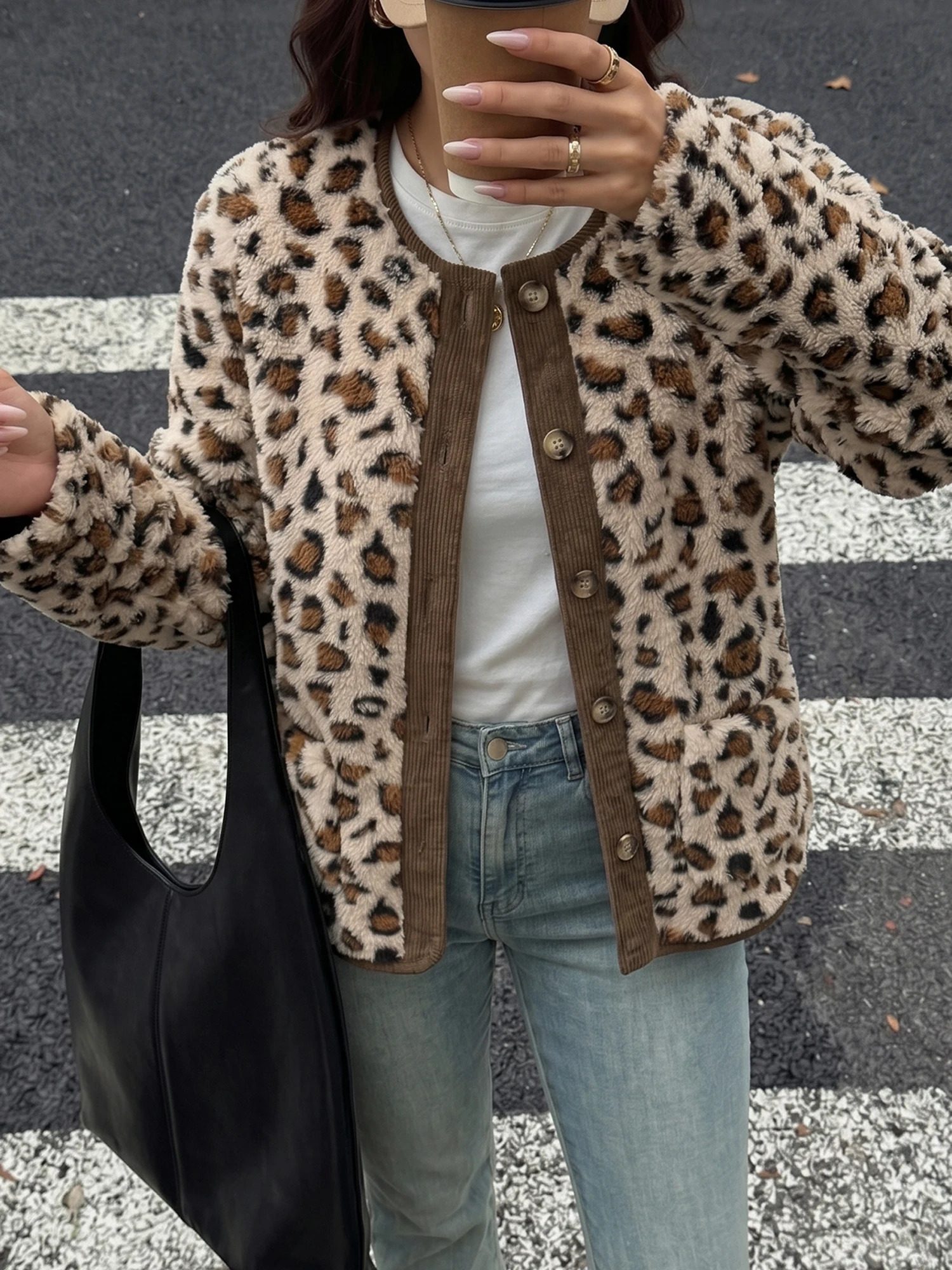 Womens Leopard Print Jacket Collarless buttondown front contrasting trim comfortable fleece cardigan 260924