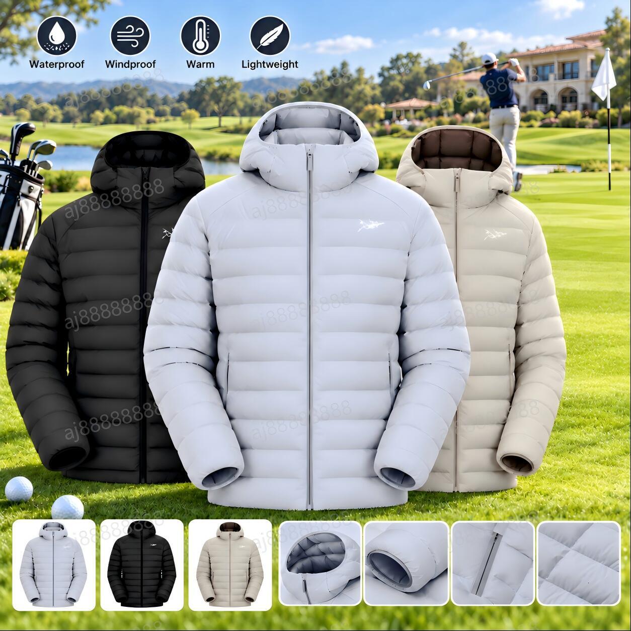 Arcteryxilly Men Hooded Golf Jacket Lightweight Warm Puffer Coat Full Zip Insulated Windproof Outdoor Golf Outerwear