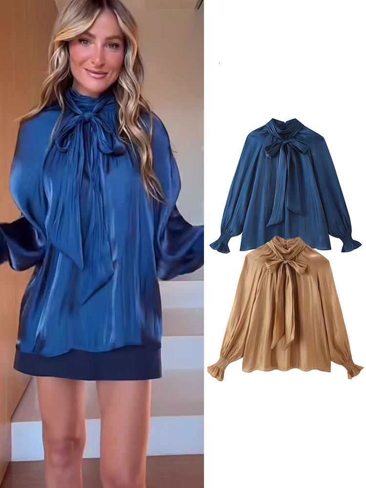 TFMLN Womens Bow Tie Neck Blouse Long Sleeve Elegant Tie Neck Solid Color Shirt Tops Casual Office Ladies Chic Blouse Tops 260924
