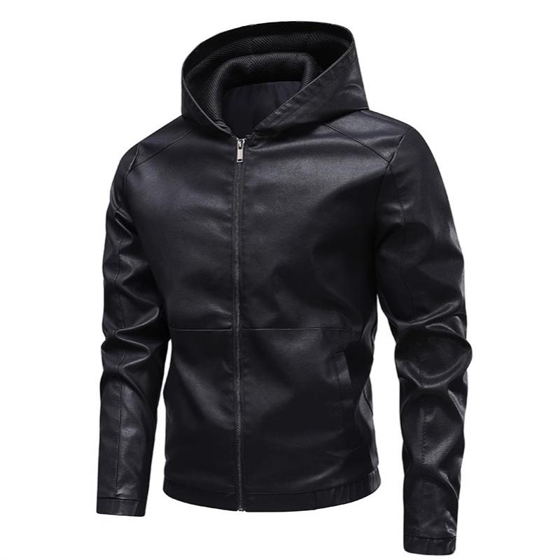 Veste en Faux cuir à capuche noire pour hommes, fermeture éclair complète sur le devant, manches longues, manteau en cuir PU, coupe cintrée, coup