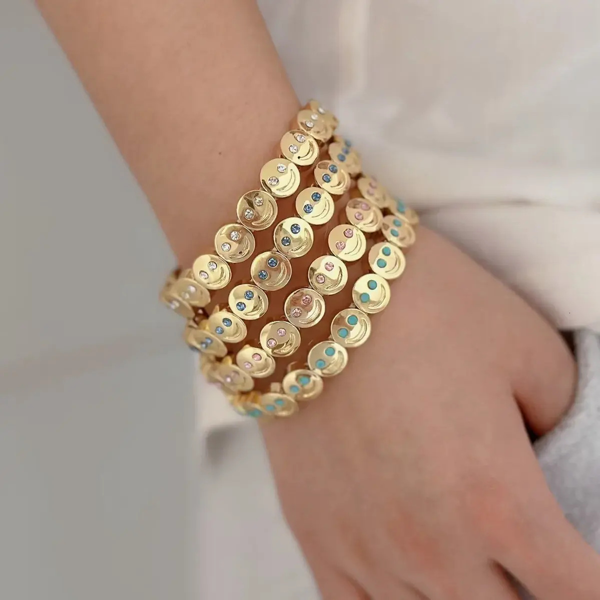 Solid Hard Bangles Women Bracelet Gold Color Smile Face women Style Elastic Rope Strand Bracelets Diamond Crystal Bead Stainless Steel Bangle For Gi