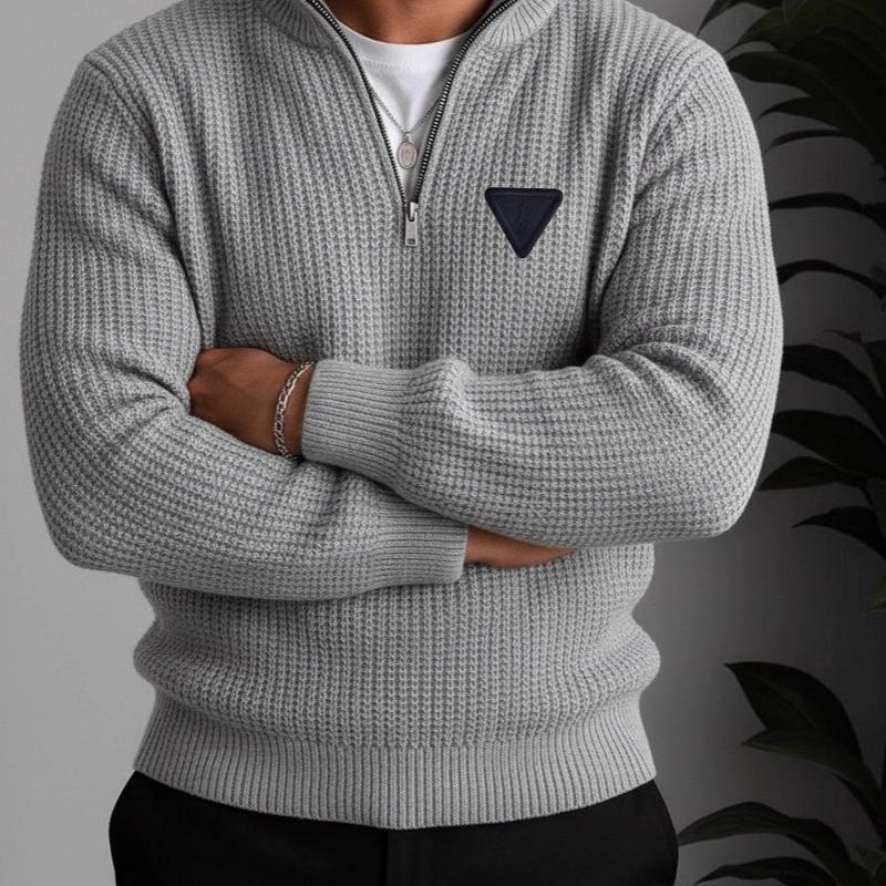Pull en tricot gaufré pour hommes, demi-fermeture éclair, col montant, manches longues, haut tricoté, Triangle brodé, Patch, tenue décontractée c