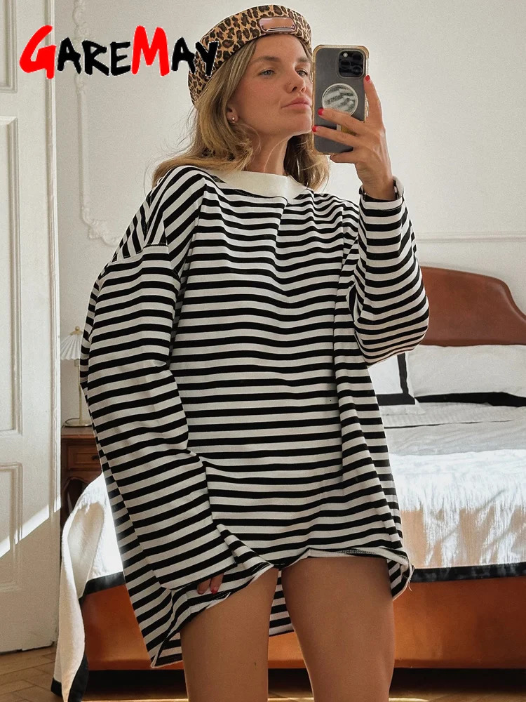Women's Striped T-shirt 95% Cotton Oversized Black and White Casual Basic Long Sleeve Top Vintage Casual T-shirts for Women 260920