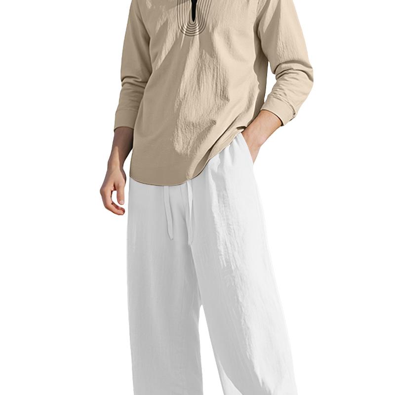 Tenue d'été décontractée 2 pièces en lin pour hommes, chemise à manches longues avec demi-bouton et pantalon large avec cordon de serrage élastiq