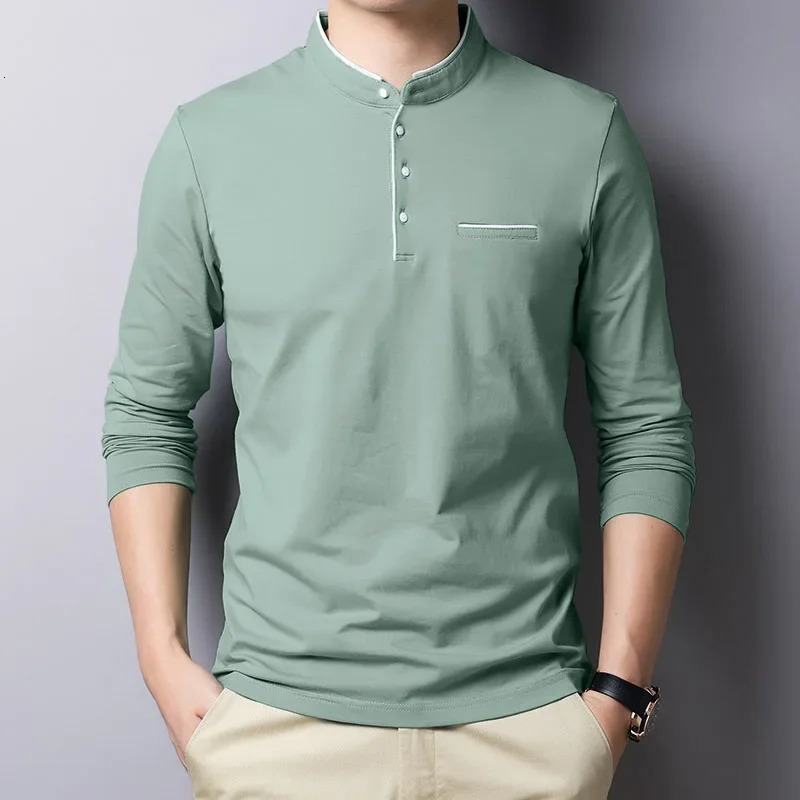 Men's Business Casual Three Button Stand Up Collar Long Sleeved T-shirt Korean Style Comfortable Versatile Top 260922