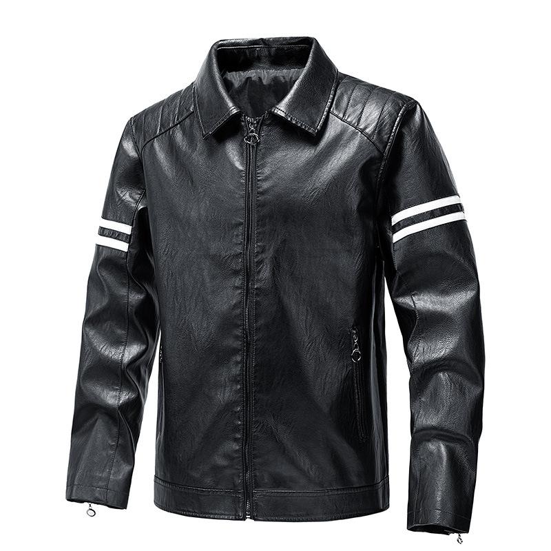 Mens Vintage PU Leather Point Collar Motorcycle Jacket Long Sleeve Arm Stripes Decor Multi Zipper Pockets Lightweight Daily Riding Leather Coat