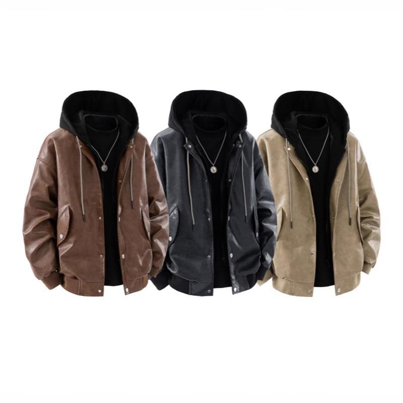 Men Brown PU Leather Hooded Bomber Coat Long Sleeve Drawstring Hood Design Loose Fit Wind Resistant Street Fashion Jacket