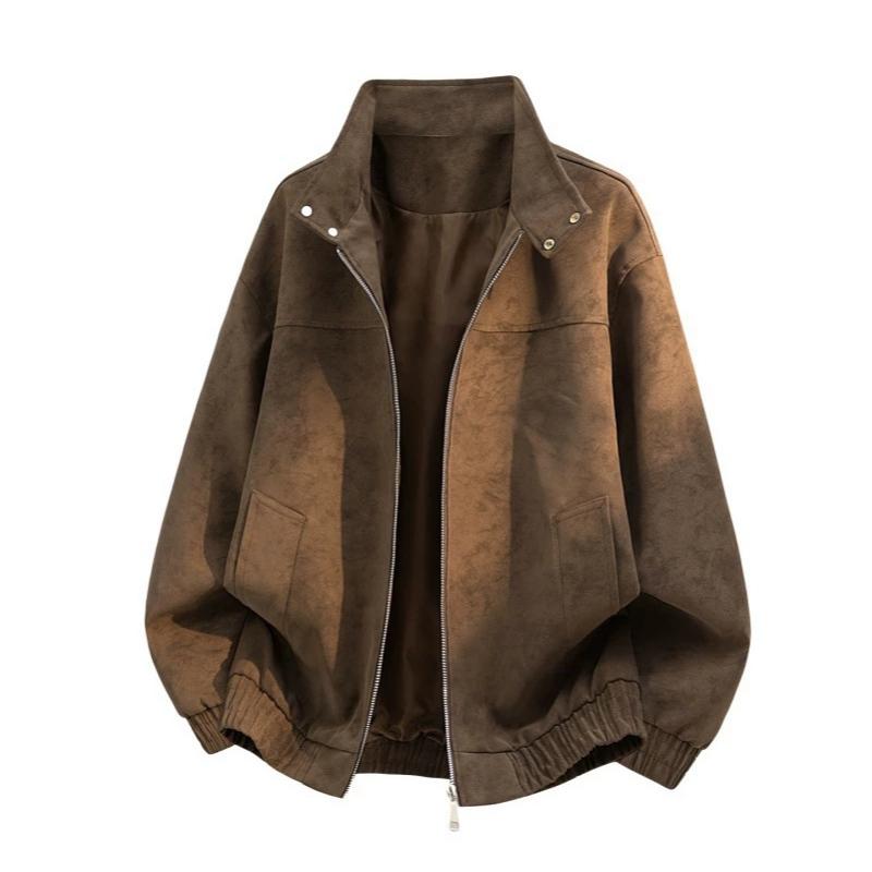 Blouson aviateur vintage en daim texturé pour homme, col haut avec clous en métal, fermeture éclair sur le devant, coupe décontractée, poches lat