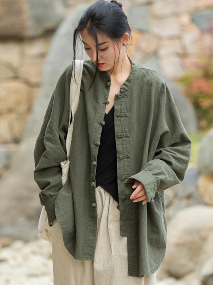 Johnature Women Chinese Style Linen And Tops Stand Long Sleeve Blouses 2025 Spring New Solid Color Button Vintage Shirts