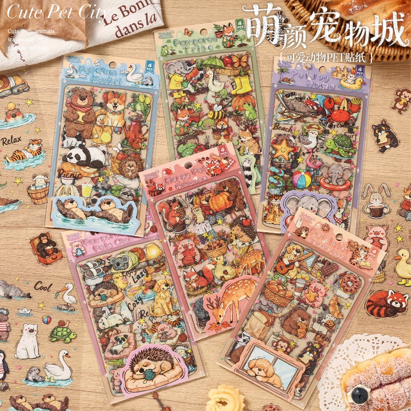 Autocollant mignon ville animal de compagnie pour enfants, étiquette de dessin animé, autocollant créatif pour compte à main, 4 pièces/ensemble