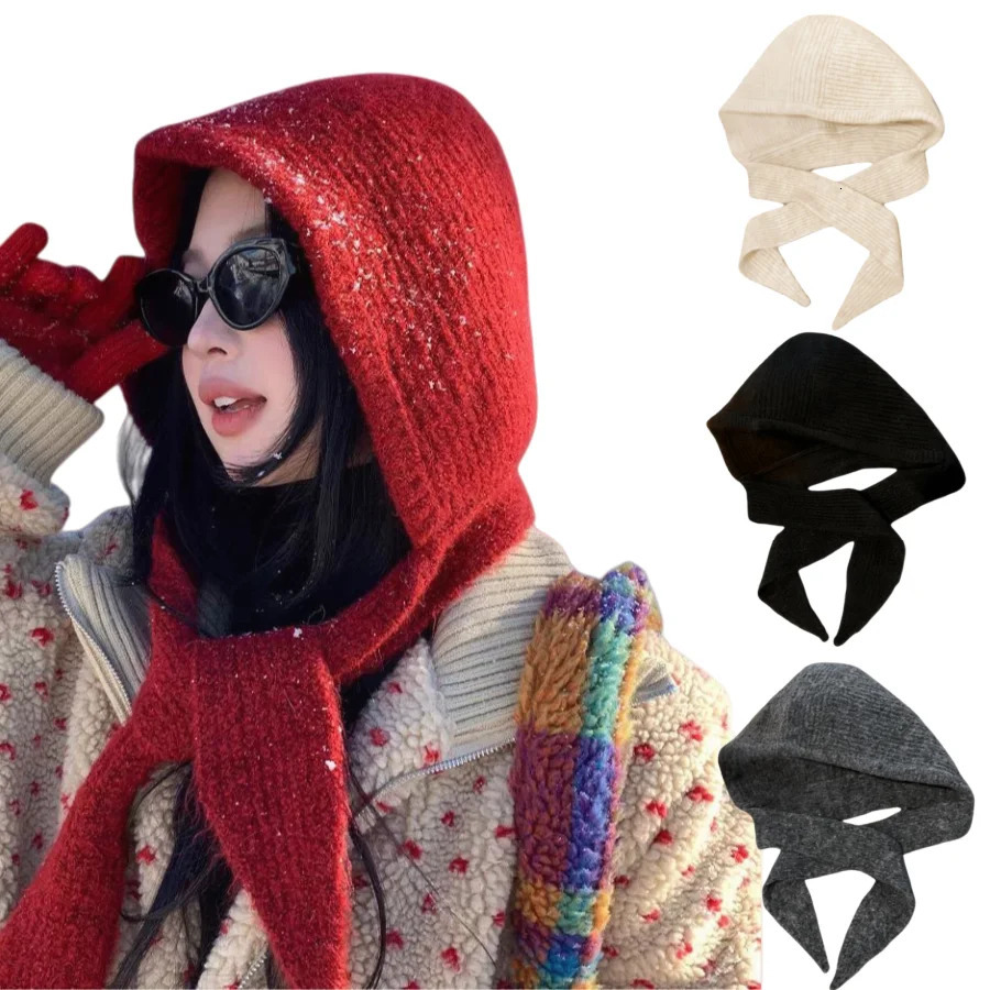 Womens Fall Winter Balaclava Cap Shawl Scarf Integrated Hood Wind Resistant Cozy Ear Neck Protector Knitted Beanie 260922