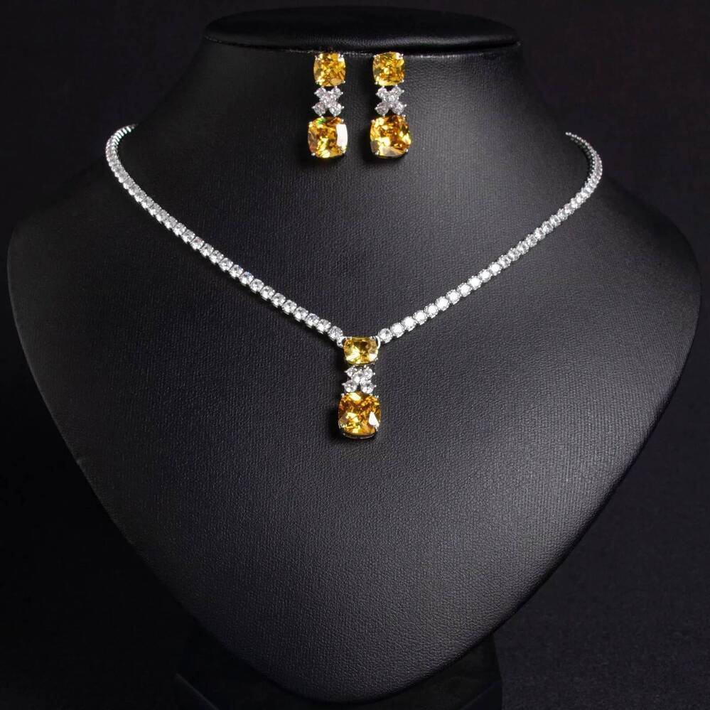 Necklace And Earring Set ZAKOL White Gold Color Tennis Choker Necklace Earrings Sets For Women Shinny Two Piece Green Water Drop Zircon Wedding Jewe