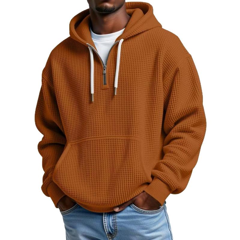 Sweat à capuche demi-zippé texturé gaufré pour homme Pull surdimensionné à manches longues avec cordon de serrage et poche kangourou sur le devan