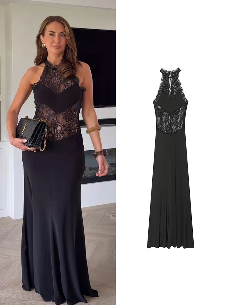 TFMLN Elegant Women Sexy Maxi Dress Halter Sleeveless Patchwork Lace Solid Sleeveless Slim Semi Sheer Party Dress Summer 260924