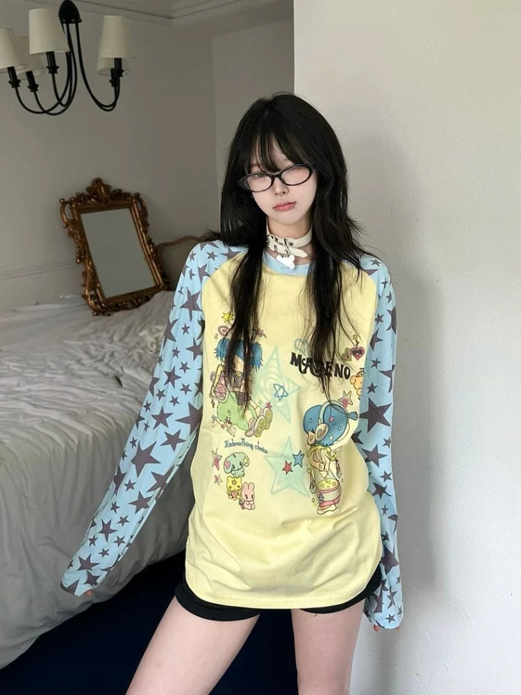 HOUZHOU Y2k White Anime Graphic Juminocore Women T-Shirts Harajuku Yellow Long Sleeve Japanese Style Tees Slim Sweet Aesthetic 260920