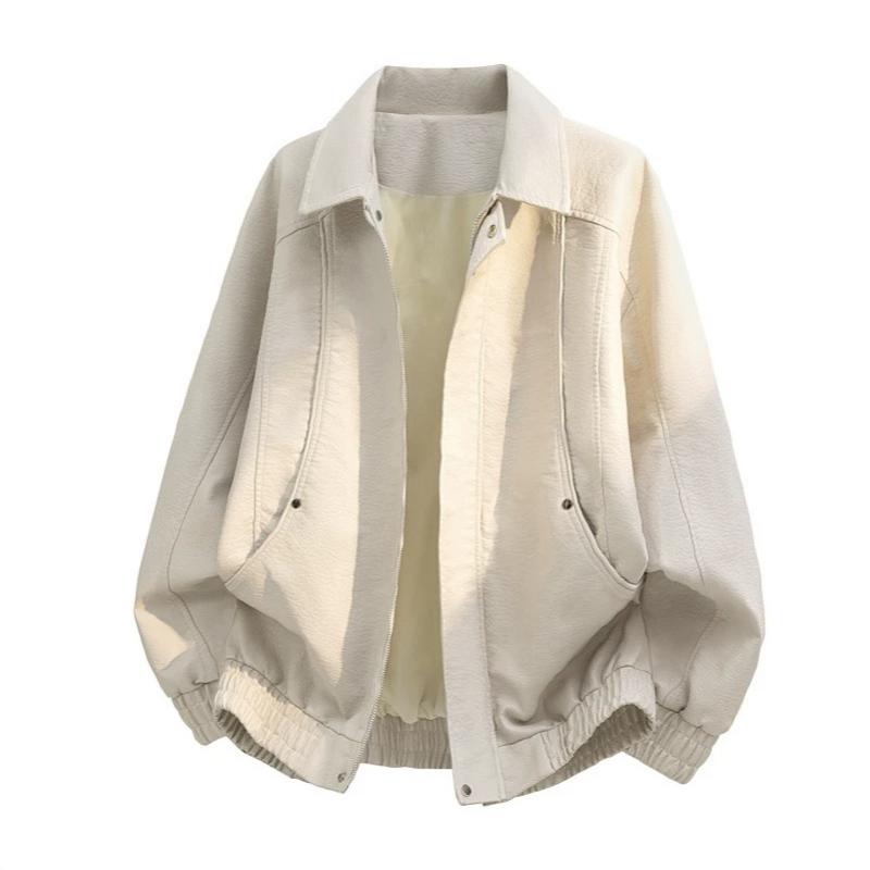 Veste à revers en simili cuir pour hommes, ample, surdimensionnée, manches longues, fermeture éclair complète, ourlet élastique sur le devant, po