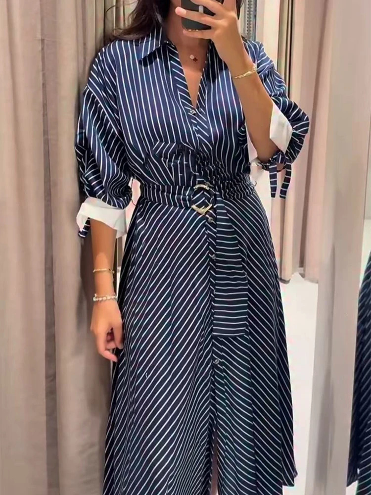 2026 Womens Striped Long Dress with Belt Spring Autumn Casual Shirt Style Single Breasted Dress Fashion Leisure Lady Dresse 260924