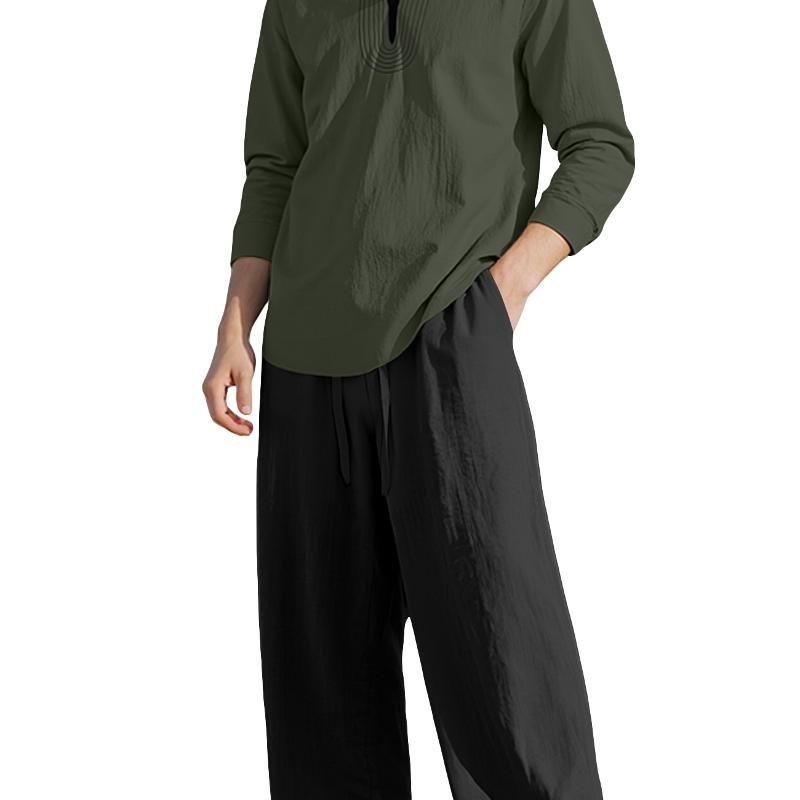 Ensemble deux pièces en lin pour hommes, coupe ample, broderie rayée, Henley, hauts à manches longues et cordon de serrage à la taille, pantalon