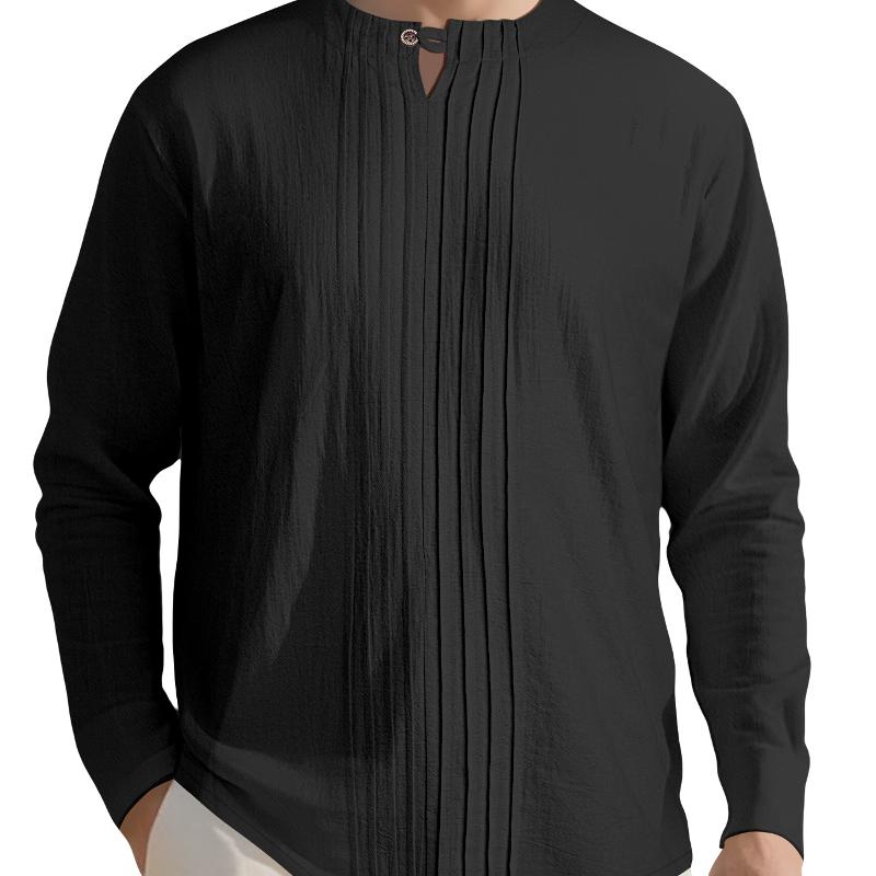 Chemise Henley plissée aspect lin pour hommes, col cranté en V, manches longues, pull léger, respirant, coupe ample, chemises décontractées pour