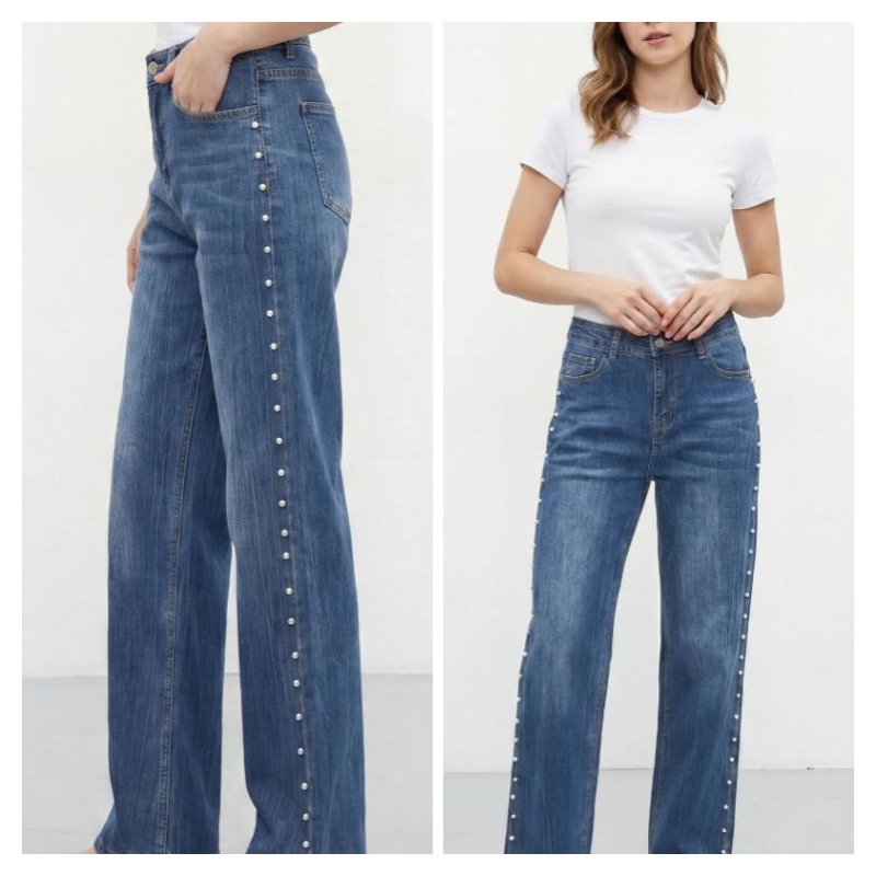 Womens Straight Leg Denim Pants High Waist Side Bead Decor Vintage Washed Fabric Button Zip Fly Relaxed Casual Streetwear Jeans Belt Loops