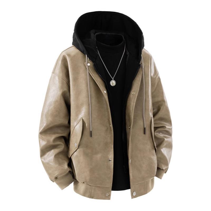 Men Vintage Brown Hooded PU Leather Jacket Long Sleeve Two Layer Design Drawstring Hood Windproof Casual Streetwear Leather Outer Coat