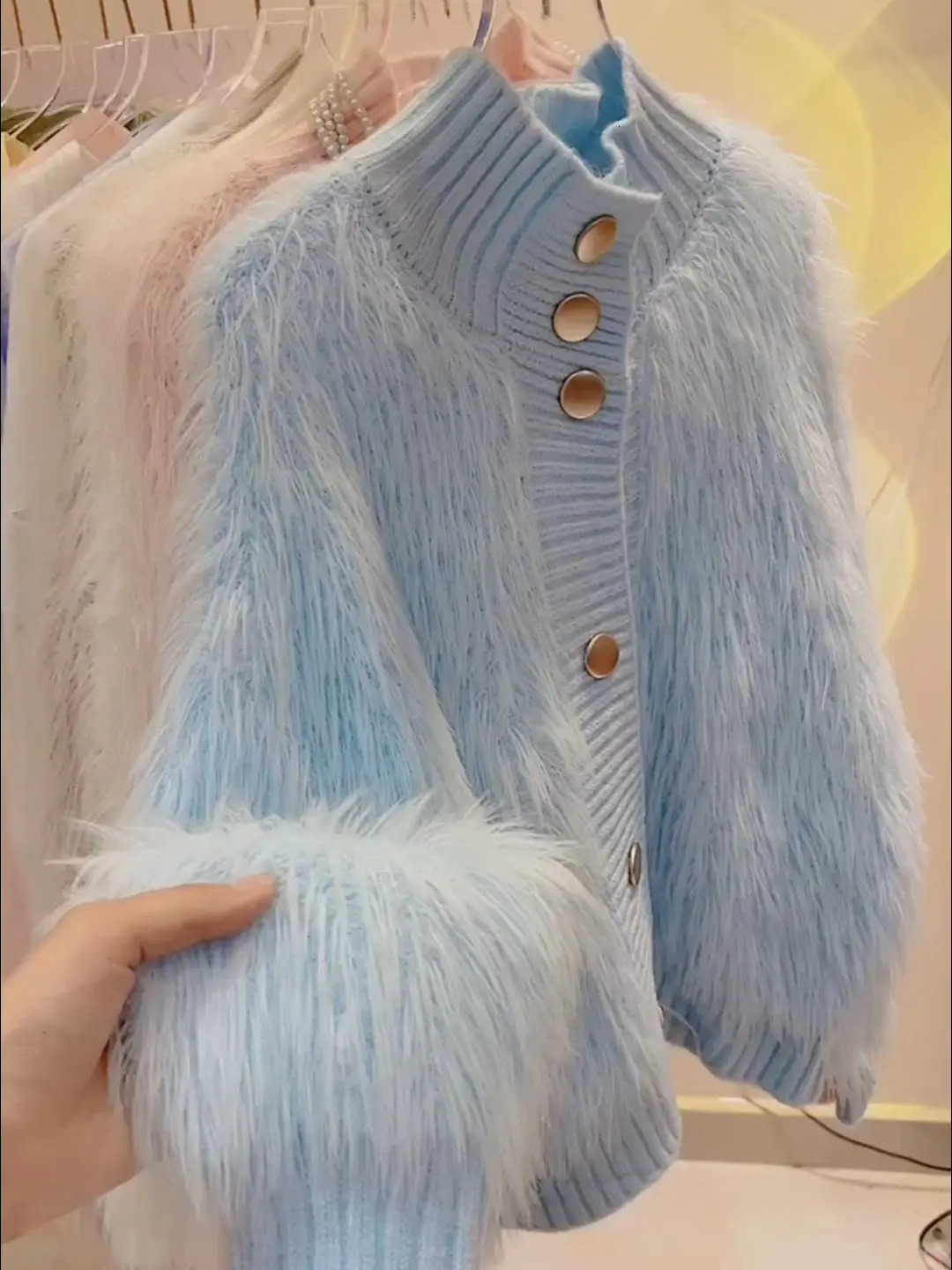 Women Fur Faux Knitted Cardigan Sweater Jacket Korean Style Womens Sweaters Autumn Women's Clothes Knitwear V Neck Knit 260920