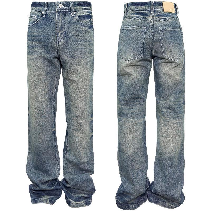 Men Mid Rise Bootcut Denim Pants Faded Vintage Wash Relaxed Fit Flare Jeans Button Zipper Fly Casual Street Long Trousers