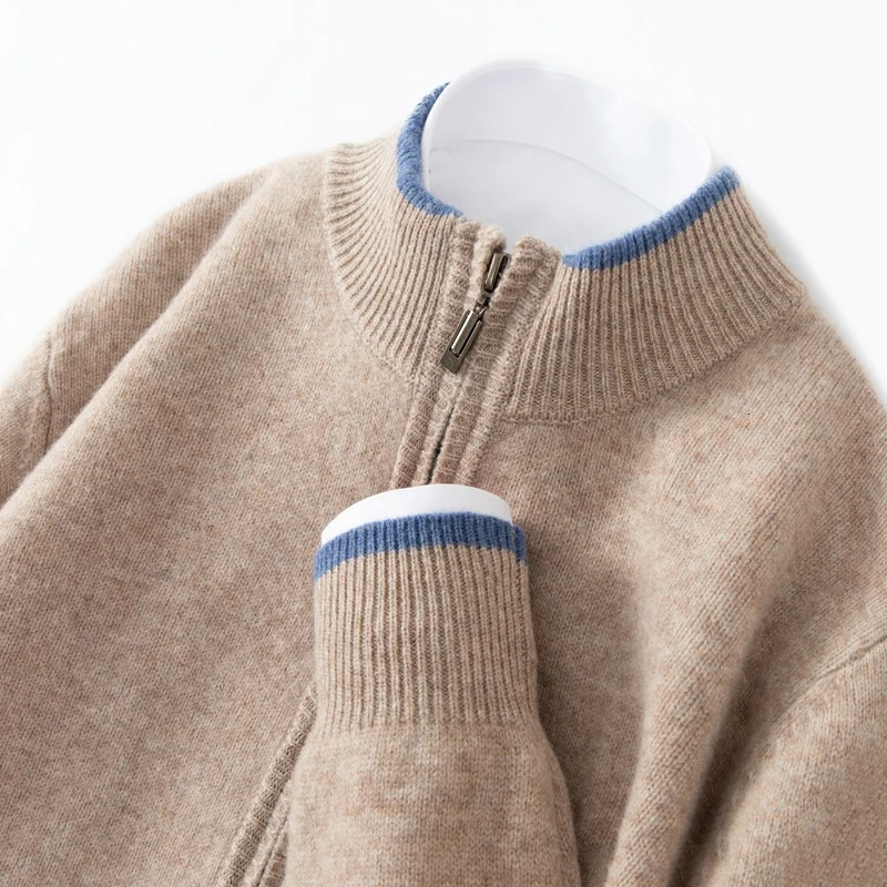 Men's 100% Merino Wool Warm Sweater Mock Collar Thickened Zippered Cardigan Autumn Winter Cashmere Knitted Montage Tops 260920