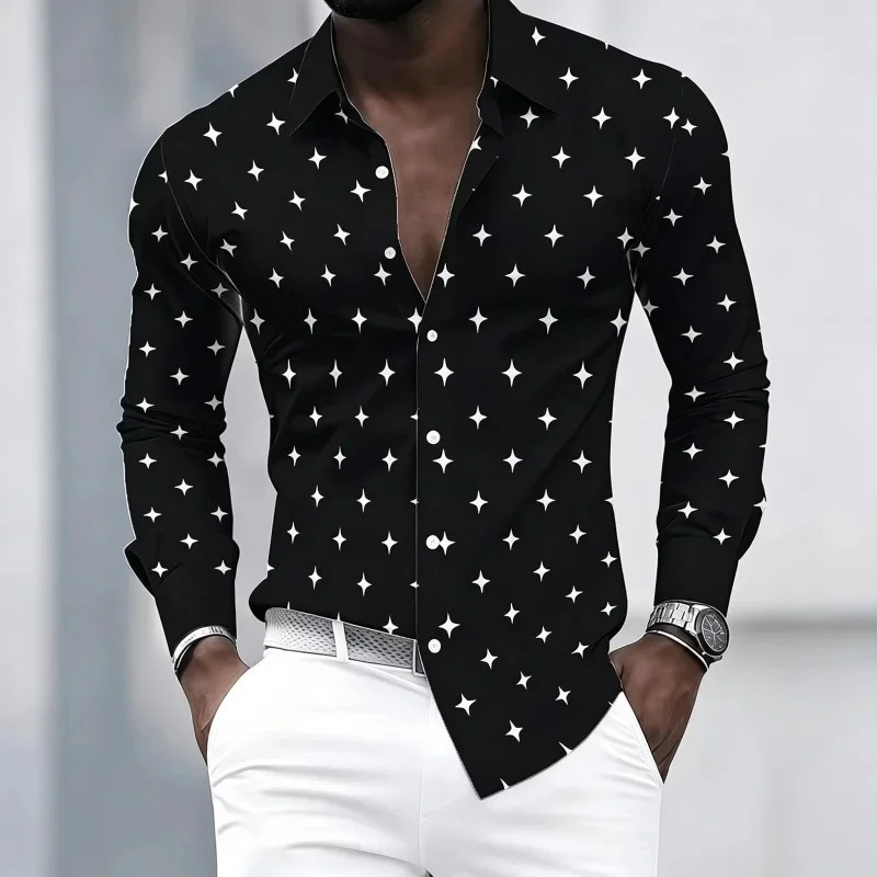 Men's Collared Long-Sleeved Shirt Classic Black Base with White Star Print Slim Fit Suitable for Commuting and Going out. 260923