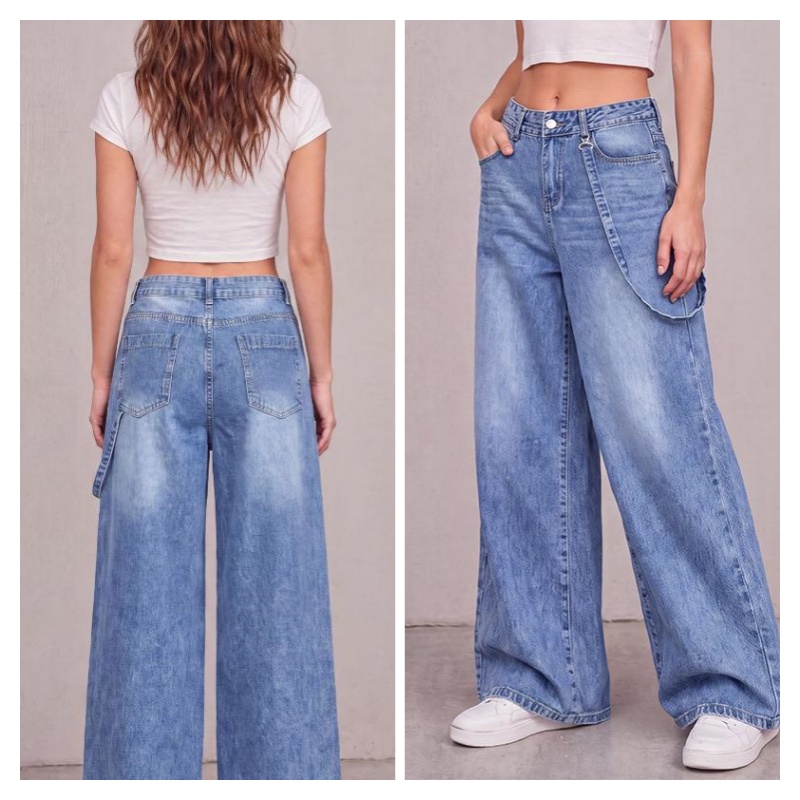 Women Vintage Washed Spliced Wide Leg Denim Trousers High Waist Button Zip Fly Loose Casual Streetwear Jeans With Front Pockets