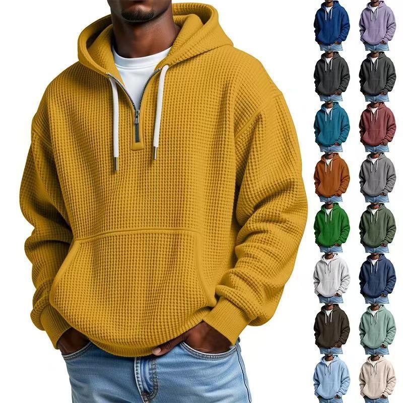 Sweat à capuche demi-zippé en tricot gaufré pour hommes Pull surdimensionné à manches longues avec cordon de serrage Poche kangourou sur le devan