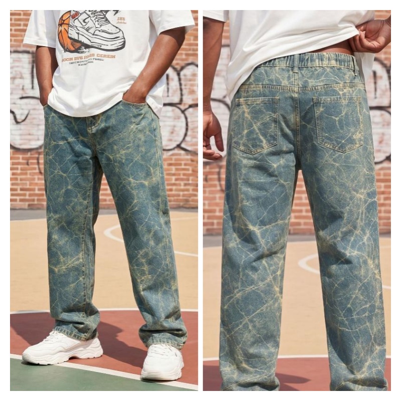 Y2K Pantalon en denim délavé pour homme Texture marbrée craquelée Taille élastique Ample Jambe large Silhouette Casual Streetwear Jeans Poches pl
