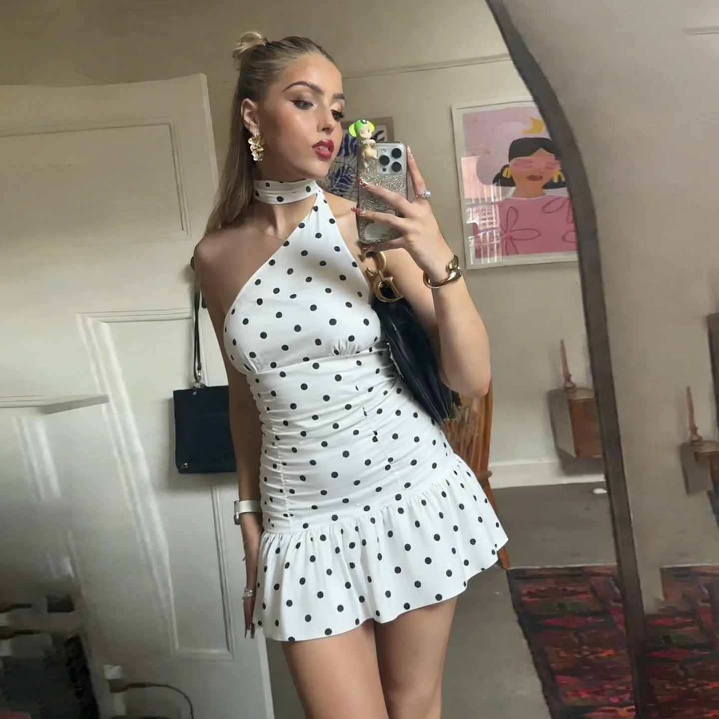 Women's Sexy Polka Dot Print One Shoulder Ruched Waist Bodycon A Line Mini Dress 260922