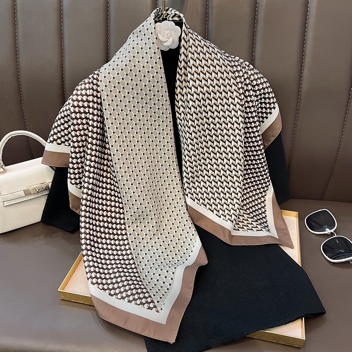 Summer thin 90cm square scarf for women, versatile French retro dense chrysanthemum pattern stylish silk scarf, high-end fashion shawl
