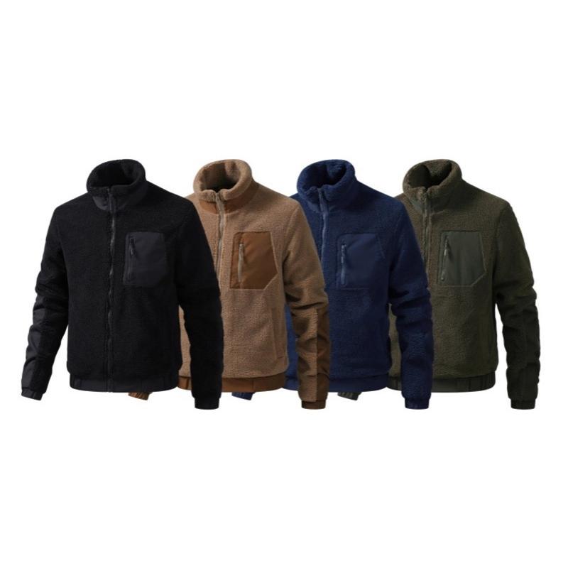 Veste polaire Sherpa à col montant pour hommes, fermeture éclair complète, bloc de couleurs, conception patchwork, manches longues, chaud et déco
