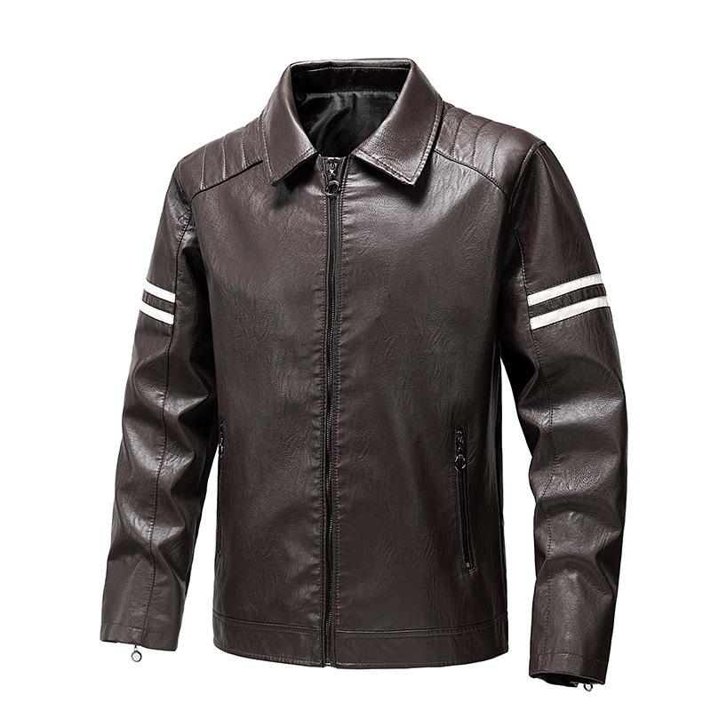 Men Brown Faux Leather Lapel Moto Jacket Long Sleeve With Double White Stripes On Sleeve Full Zipper Front Zipper Pockets Slim Fit Casual Street Bik