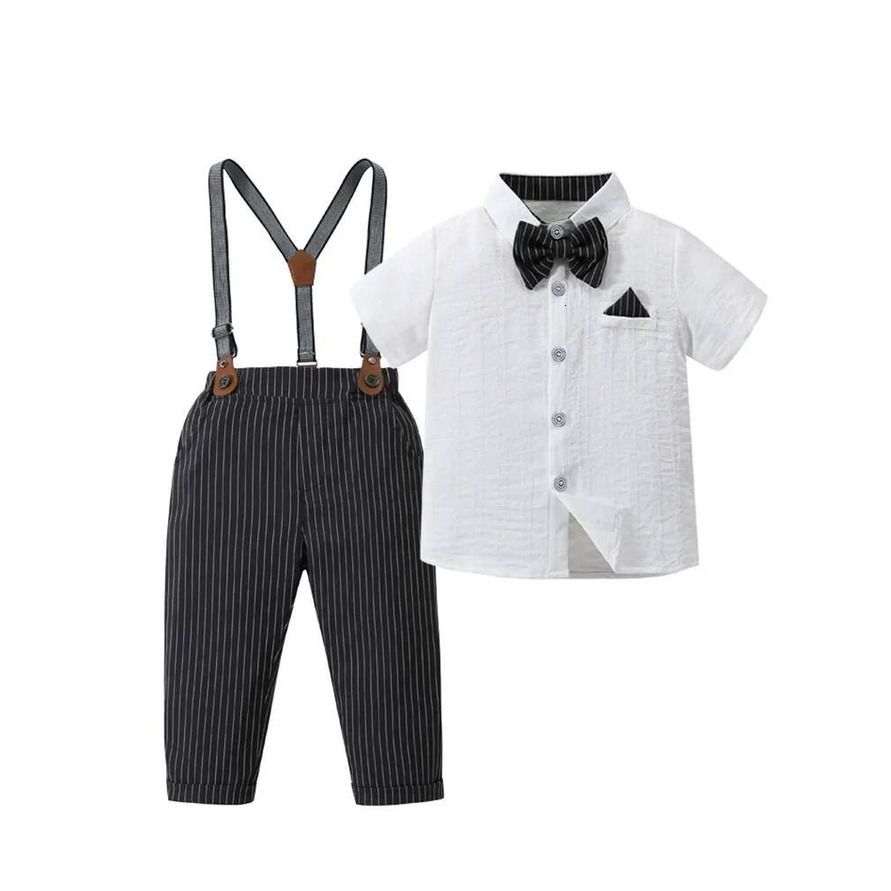 Boys Clothing Set Baby Kids Party Gentleman Toddlers Bow Tie Stripe Short Sleeve Shirts Suspender Pantspcs baby 2pcs Sets Children Cotton Summer Out