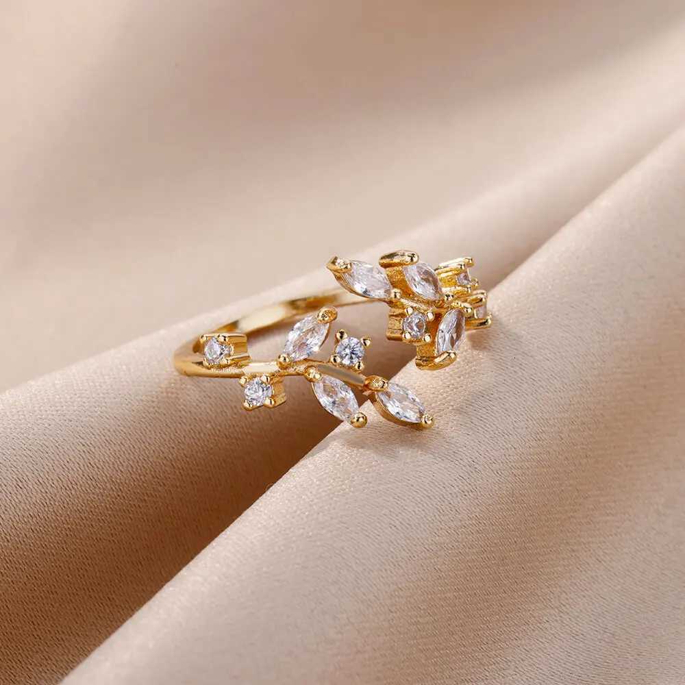 Rings Free Shipping Zircon Band Leaf Rings For Women Stainless Steel Gold Color Geometric Ring 2026 New Wedding Waterproof Fashion Jewelry N260924