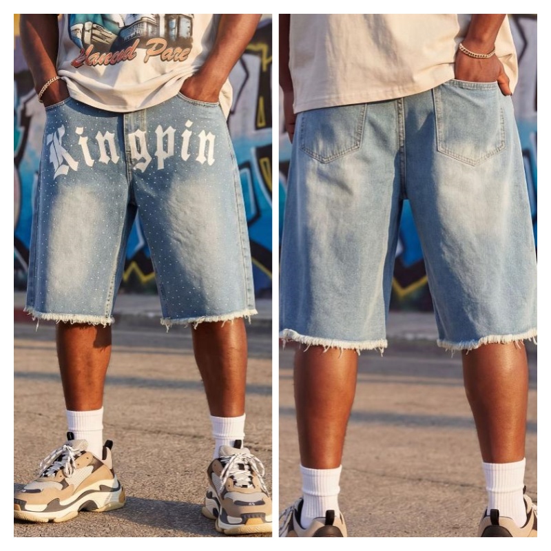 Mens High Waist Loose Denim Bermuda Shorts Vintage Light Wash Letter Print Splatter Speckle Frayed Raw Hem Button Closure Casual Street Fashion Jean
