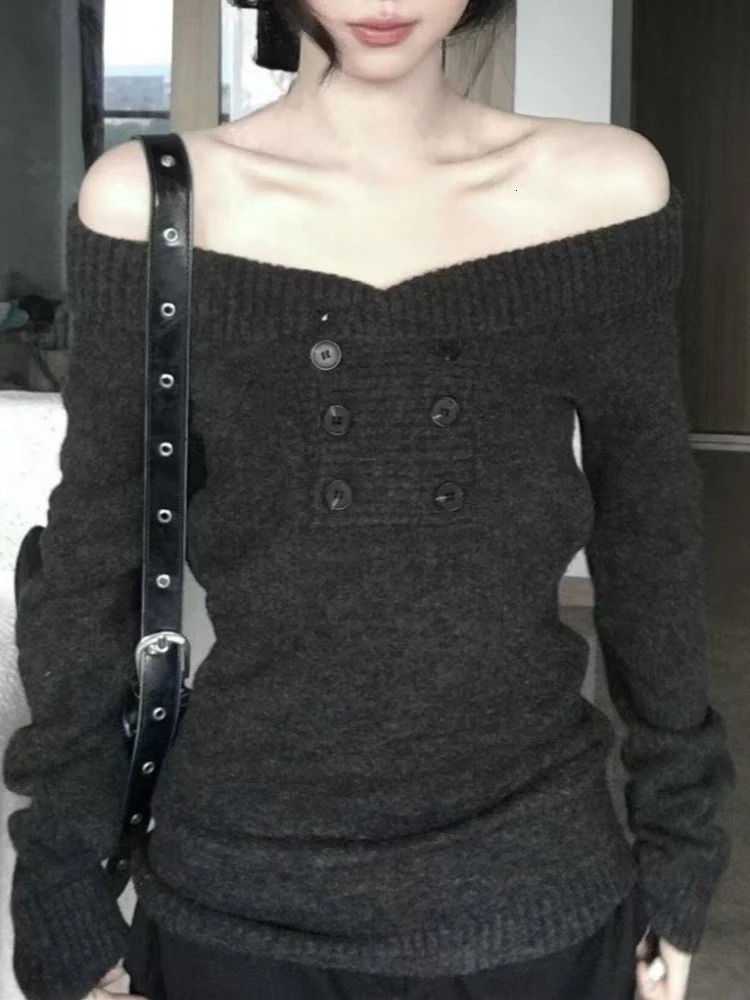 Korean Style Dark Gray Off Shoulder Pullovers Aesthetic Chic Long Sleeve Warm Sweater Women Autumn Winter Casual Knitted Top 260924