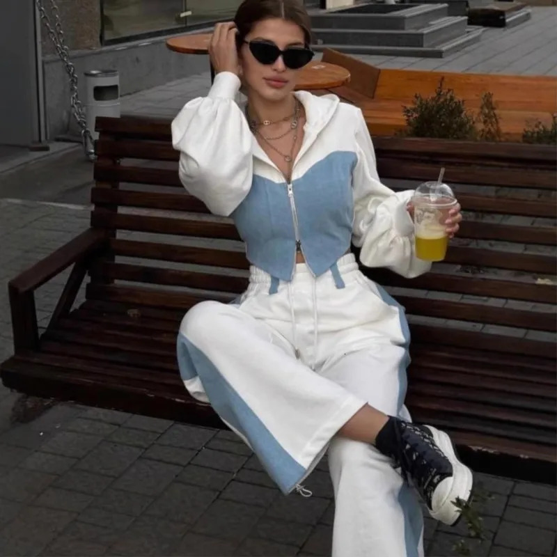 Fashion Contrast Color Patchwork Hoodies Pants Set Women Zipper Short Hooded Coats Lace Up Wide Leg Pant Spring Autumn Tracksuit 260922