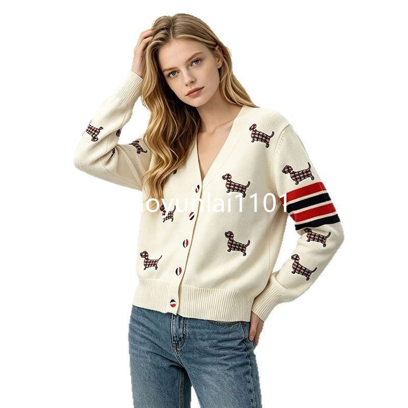 European and American style autumn-winter dog embroidery V-neck knitted cardigan women's striped color-matching sweater coat