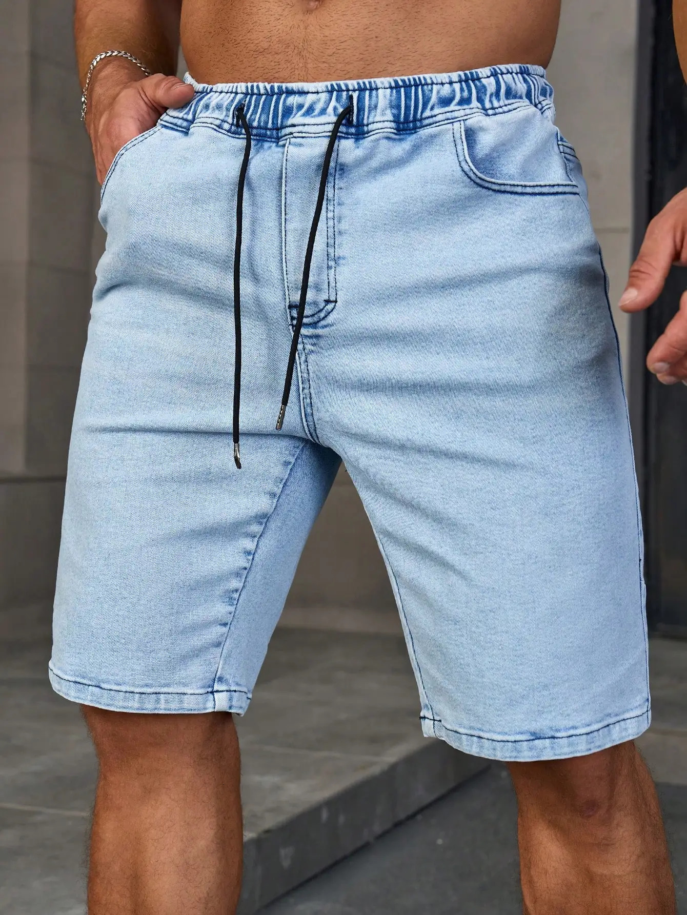 Men's Summer Denim Shorts. Light Blue Elastic-Waist Denim Shorts. Drawstring n. Daily Casual Trend. 260922