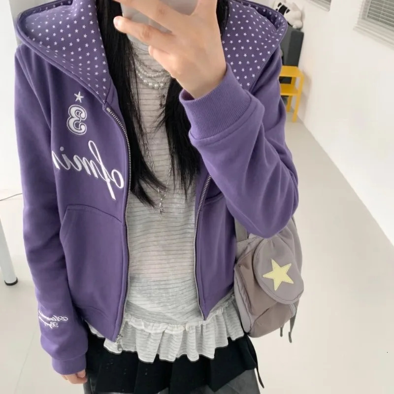 Women American Retro Star Print Embroidered Hooded Hoodie Y2K Harajuku Stree Fashion Sweatshirt Autumn Winter Casual Jacket 260923