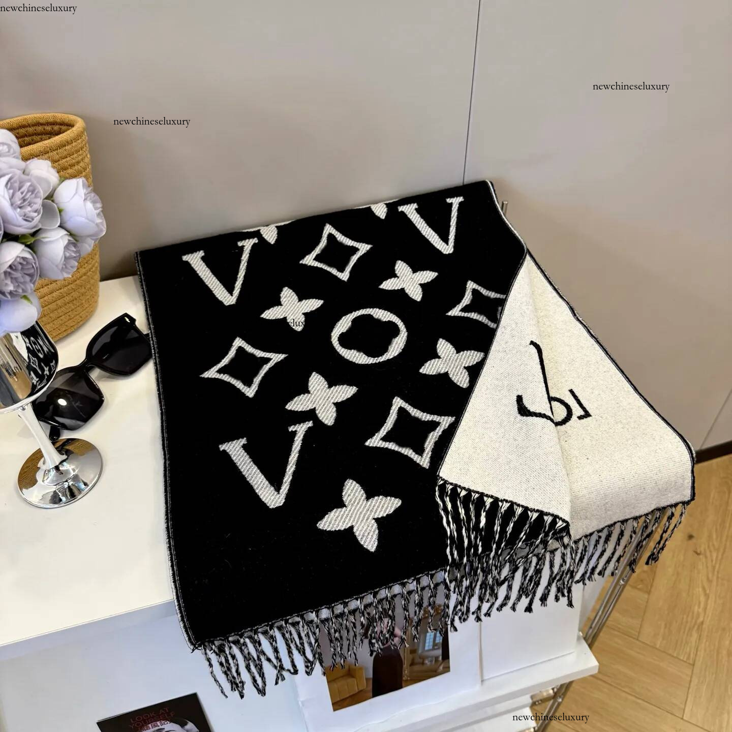 Designer Women Cashmere Scarves Soft Warm Knitted Shawls with Monogram Print for Autumn Winter Long 45cm x 180cm Includes Label and Original Gift