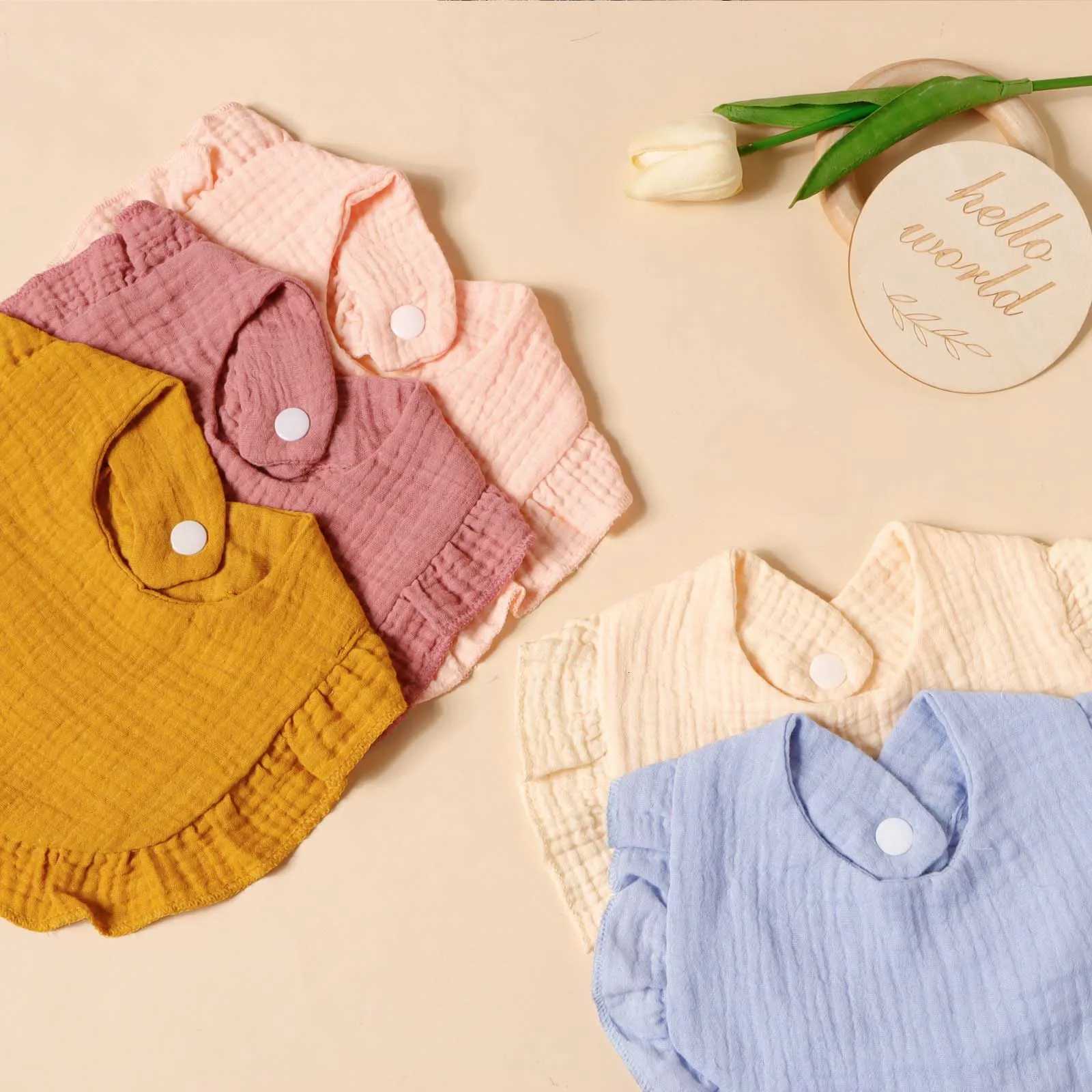 Burp Cloths 6pcs Cotton Bibs Gauze Lotus Leaf Edge Sva Bib Baby Solid Color Snap Button Feeding Bib Soft Comfortable Drool Towel For NewbornsW260923