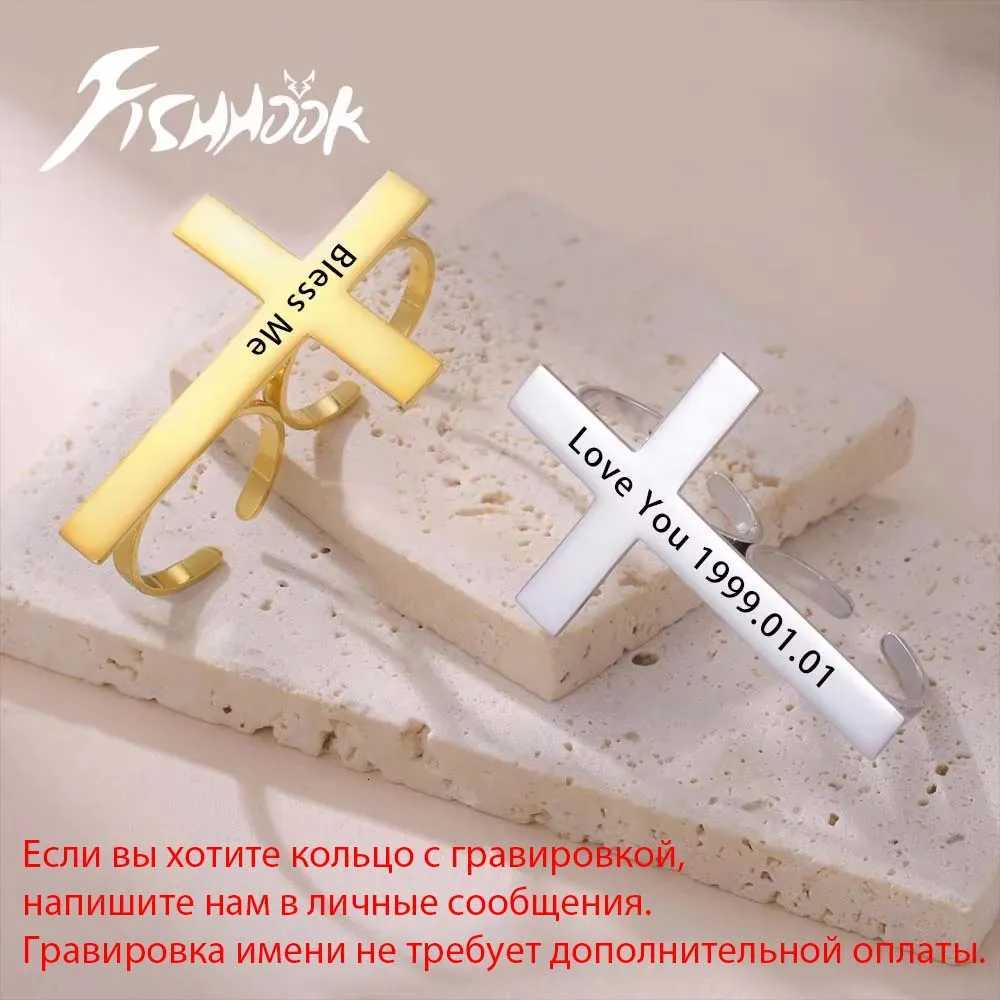 Rings Cross Personalized Name Band Finger Ring Custom Gift For Woman Men Gold Color Stainless Steel Jesus Christian Amulet Talisman Jewelry N260924