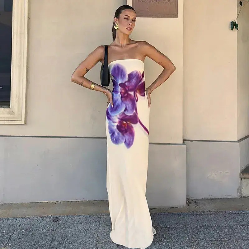 Urban Sexy Dress Urban Sexy Dress Purple Bodycon Flower Print Strapless For Women Elegant Causal Loose bodycon Maxi Holiday Dresses Summer Backless
