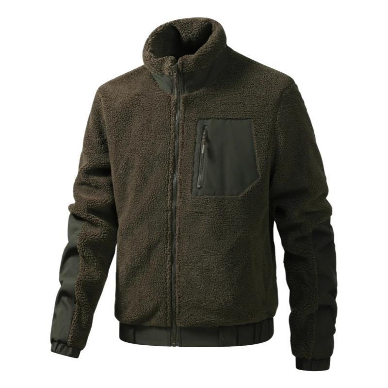 Men Sherpa Fleece Zip Up Jacket Contrast Fabric Patchwork Long Sleeve Stand Collar Warm Casual Outer Coat For Daily And Travel